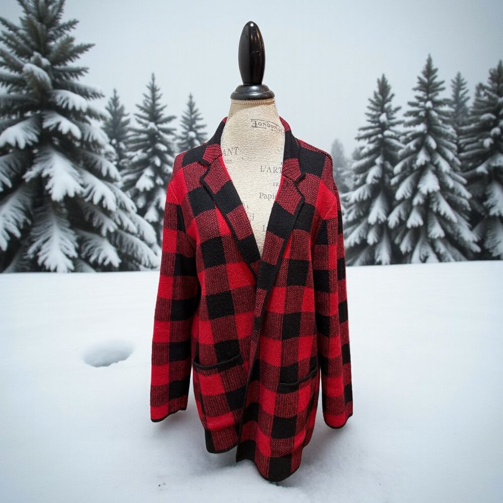 Talbots Petites Size LP Red/Black Buffalo Plaid Collared 2-Pocket Open Cardigan